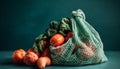 Fresh vegetables and fruits in rustic burlap arrangement generated by AI