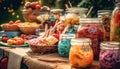 Fresh vegetables and fruits on rustic table generated by AI Royalty Free Stock Photo