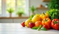 Fresh vegetables and fruits on white kitchen table Royalty Free Stock Photo