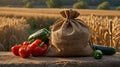 Rustic Still Life: Fresh Peppers and Zucchini in Burlap Sack Against Wheat Field Royalty Free Stock Photo