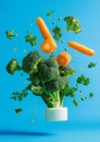 Fresh vegetables including broccoli, carrots, and peas on vibrant blue background Royalty Free Stock Photo