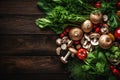 fresh vegetables, including mushrooms and tomatoes, on a dark background. Royalty Free Stock Photo