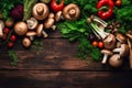 fresh vegetables, including mushrooms and tomatoes, on a dark background. healthy eating Royalty Free Stock Photo