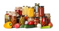 Fresh vegetables and jars of pickled products on background Royalty Free Stock Photo
