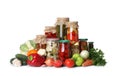 Fresh vegetables and jars of pickled products on background Royalty Free Stock Photo