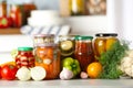 Fresh vegetables and jars of pickled products on table Royalty Free Stock Photo