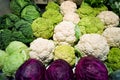 Fresh cauliflowers, cabbages. Vegetable market, food background