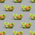 Fresh vegetables in a metal shopping cart. Seamless pattern of shopping baskets isolated on gray background. Royalty Free Stock Photo