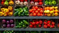 Fresh vegetables neatly arranged in market crates. Assorted produce, colorful vegetables, grocery display, healthy