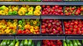 Fresh vegetables neatly arranged in market crates. Assorted produce, colorful vegetables, grocery display, healthy