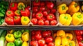 Fresh vegetables neatly arranged in market crates. Assorted produce, colorful vegetables, grocery display, healthy