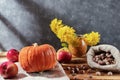 Fresh vegetables: pumpkin, apples, corn and nut hazelnuts in a burlap bag. Still life in a rustic style Royalty Free Stock Photo