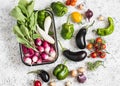 Fresh vegetables - radishes, tomatoes, peppers, onions, garlic, eggplant on a light background, top view. Royalty Free Stock Photo