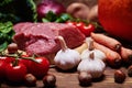 Fresh vegetables and raw meat on a sacking Royalty Free Stock Photo