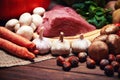 Fresh vegetables and raw meat on a sacking Royalty Free Stock Photo