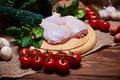 Fresh vegetables and raw meat on a sacking Royalty Free Stock Photo