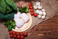 Fresh vegetables and raw meat on a sacking Royalty Free Stock Photo