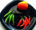 Fresh vegetables Red Chili, Green Chili and Tomato Royalty Free Stock Photo