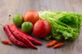 Fresh vegetables: red chilli, birds eye chilli, lettuce, red tomato and green tomato Royalty Free Stock Photo