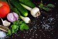 Fresh vegetables for salad and canning. Onion, garlic, cucumber and spices