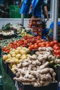 Fresh vegetables on sale in Brixton Market, South London, UK