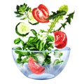 Fresh vegetables, sliced tomatoes, cucumber, green leaves, ingredients for salad falling into bowl, vegetarian food
