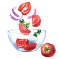 Fresh vegetables, sliced tomatoes, onion and parsley, ingredients for salad falling into bowl, healthy vegetarian food