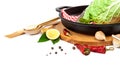 Fresh vegetables and spices and frying pan. Royalty Free Stock Photo