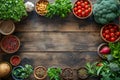 Fresh vegetables, spices and herbs assortment on a wooden table, top view, copy space Royalty Free Stock Photo