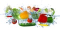 Fresh vegetables splashing into blue clear water splash healthy food diet freshness concept isolated white background