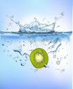 Fresh vegetables splashing into blue clear water splash healthy food diet freshness concept isolated white background. Royalty Free Stock Photo