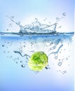 Fresh vegetables splashing into blue clear water splash healthy food diet freshness concept isolated white background. Royalty Free Stock Photo