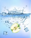 Fresh vegetables splashing ice into blue clear water splash healthy food diet freshness concept isolated white background. Royalty Free Stock Photo