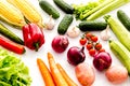 Fresh vegetables still life. Potato, cucumber, beet carrot, greenery on white background