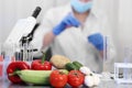 Fresh vegetables on table in laboratory. Food quality control