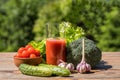 Fresh vegetables and tomato juice on old wooden table, over green nature background Royalty Free Stock Photo