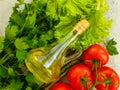 Fresh vegetables, tomato, seasoning oil background cookingn food