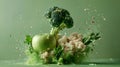 Vibrant splash of water on fresh vegetables against a green background in a studio setting. Captivating food photography