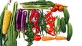 Fresh vegetables with white background. Chili, corn, eggplant, mustard greens, carrots, tomatoes, cucumbers