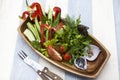 Fresh vegetables on a wooden plate with fork and knife. Red pepper, tomato, cucumber, radish, parsley, dill healthy diet. Royalty Free Stock Photo