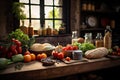 Fresh vegetables on a wooden table in a rustic kitchen, vertical, Healthy food on a wooden table in a rustic kitchen, AI Generated Royalty Free Stock Photo