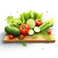 Fresh vegetables, lettuce and other greens lie on a wooden cutting board, on a white background Royalty Free Stock Photo