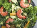 Fresh vegetarian green salad with avocado, shrimp and arugula, healthy food