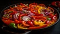 Fresh vegetarian meal with grilled peppers and mushrooms on wood generated by AI