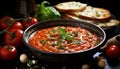 Fresh vegetarian meal tomato soup with homemade bread and parsley generated by AI