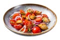 Fresh Vegetarian Panzanella salad with tomatoes, onion and Croutons. Isolated on white background. Top view. Royalty Free Stock Photo