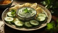 Fresh vegetarian salad with cucumber, tomato, and mint leaf garnish generated by AI Royalty Free Stock Photo