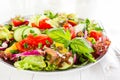 Fresh vegetarian vegetable salad with tomato, onion, cucumber, pepper, basil and lettuce. Salad on plate Royalty Free Stock Photo