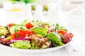 Fresh vegetarian vegetable salad with tomato, onion, cucumber, pepper, basil and lettuce. Salad on plate Royalty Free Stock Photo