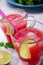 Fresh vegetarian watermelon cocktail in transporant cups on white table with fresh watermelon, lime, melissa. close up